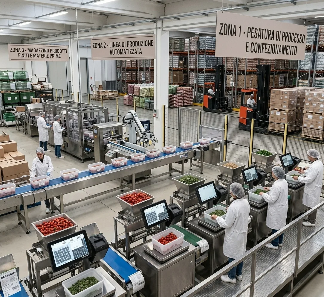 Linea di produzione con postazioni di pesatura di processo e confezionamento