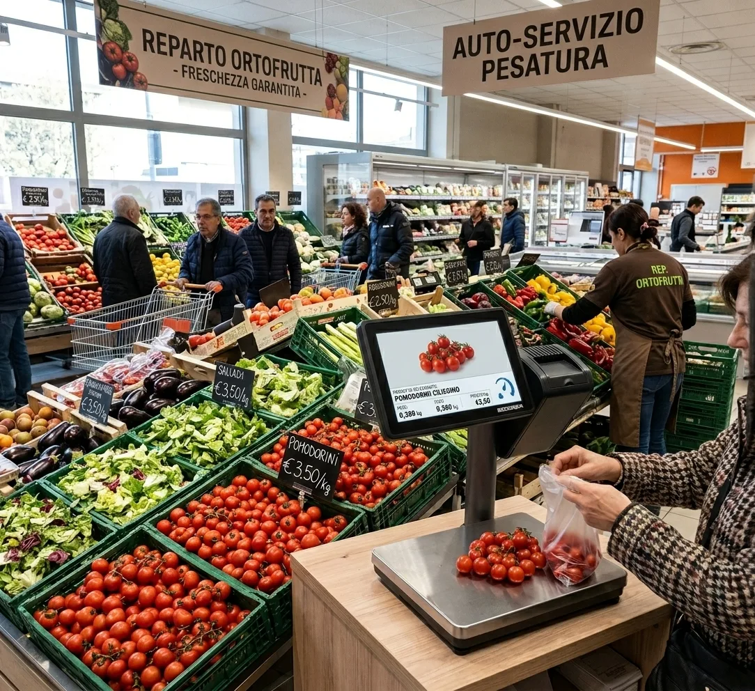 Reparto ortofrutta con bilancia self-service per la pesatura